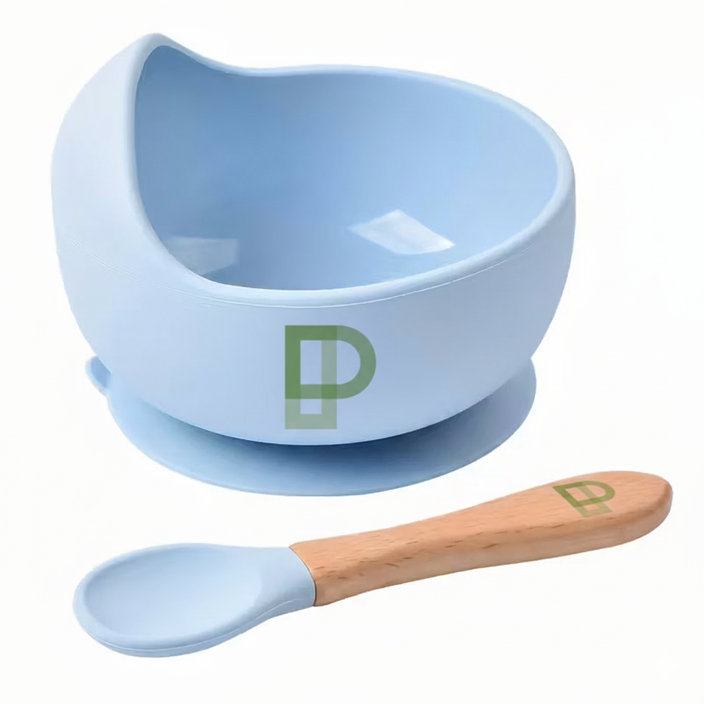 1 set of baby feeding bowl and spoon set, silicone baby bowl suction with wooden spoon silicone suction base anti-slip