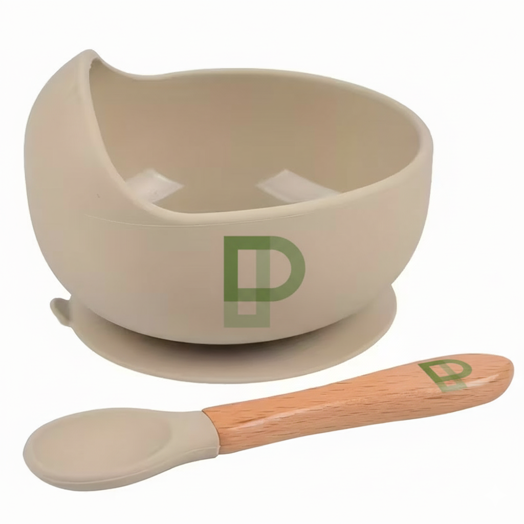 1 set of baby feeding bowl and spoon set, silicone baby bowl suction with wooden spoon silicone suction base anti-slip
