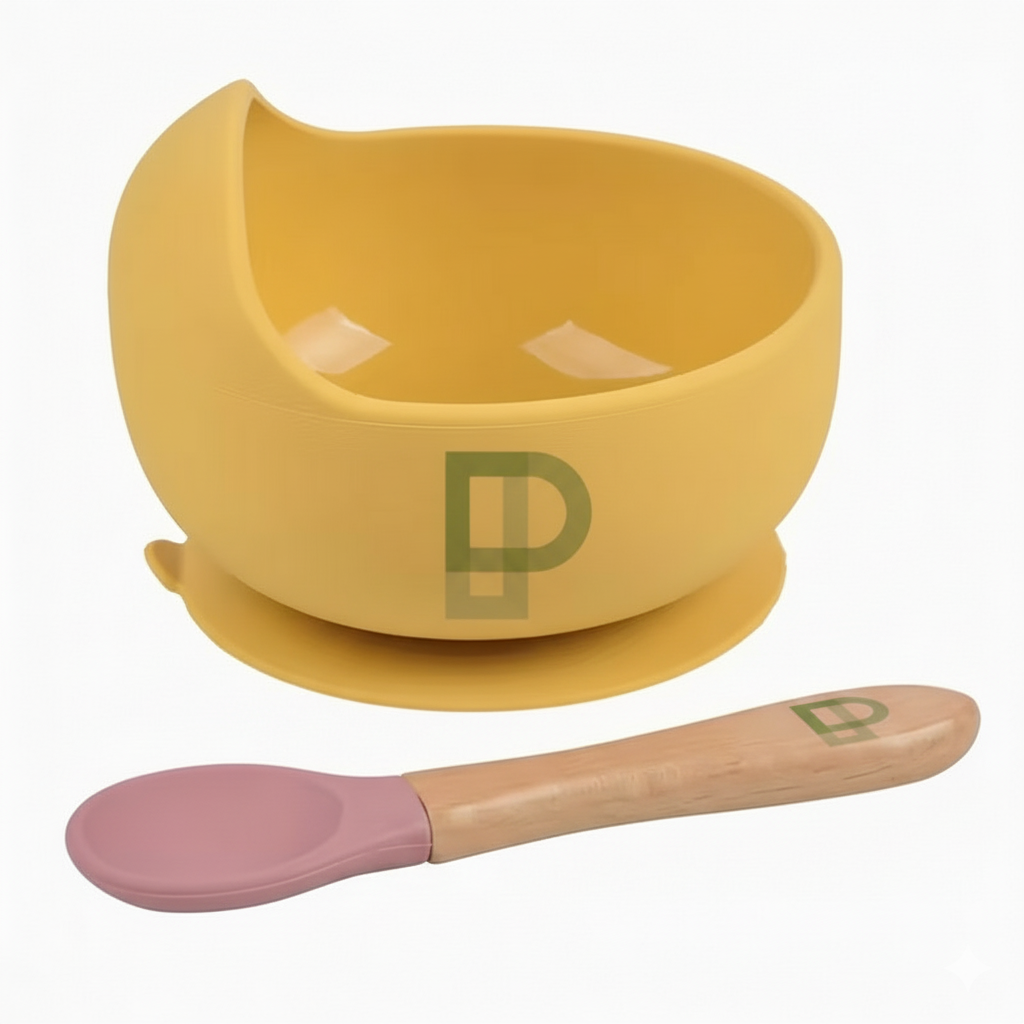 1 set of baby feeding bowl and spoon set, silicone baby bowl suction with wooden spoon silicone suction base anti-slip