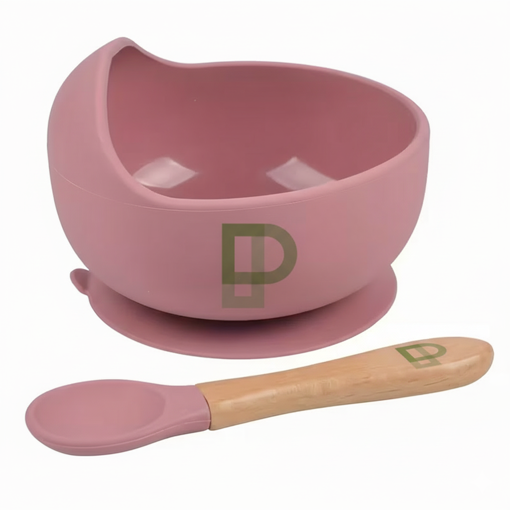1 set of baby feeding bowl and spoon set, silicone baby bowl suction with wooden spoon silicone suction base anti-slip