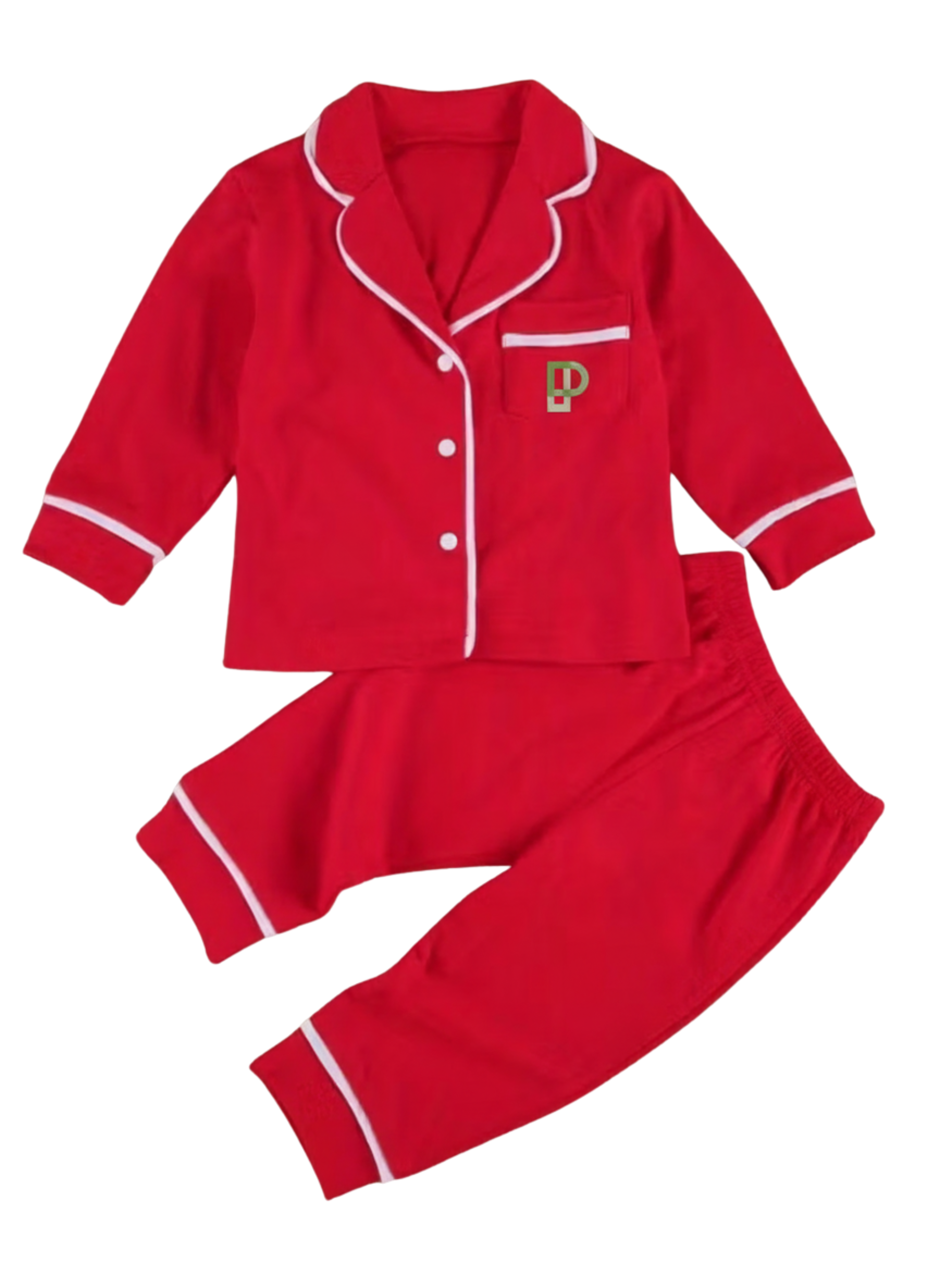 Kids Two-piece Nightwear Clothes Set, Boys and Girls Solid Color Lapel Top + Long Pants, Red/ Pink/ Grey, 0-5 Years